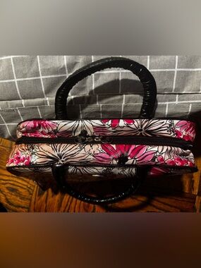 Floral Pink & White Tote Bag with Black Handles